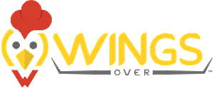 Wings Over logo with a chicken face graphic